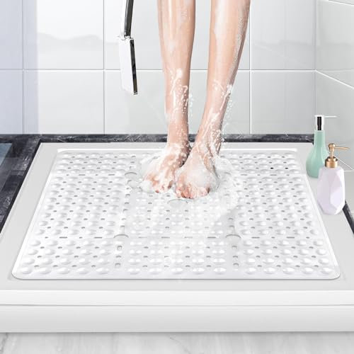 ZOKBOM Tapis de Douche Antidérapant 70x70cm | Grand Tapis de Baignoire Carré avec Ventouse Puissante, PVC Anti Moisissure Tapis de Bain en Caoutchouc pour Personnes âgées, Lavable en Machine (Blanc)