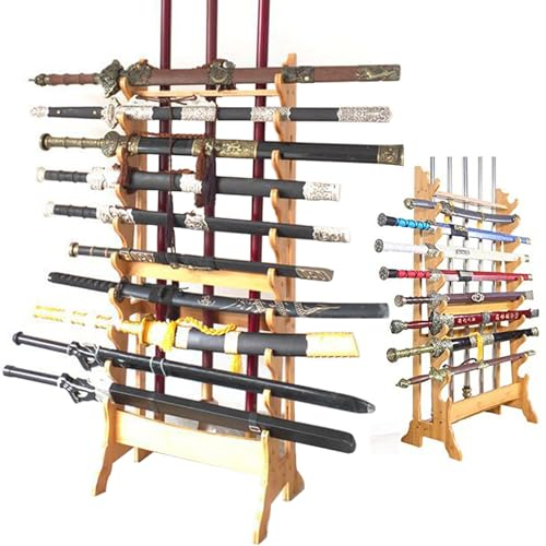 LSRFXF Vertikaler Kampfkunst-Schwertständer aus massivem Holz, 10/12 stöckige Waffenausstellungs-Waffenregale, Kleiderbügel zur Aufbewahrung verschiedener Schwerter und Langwaffen