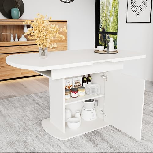 Merax Esstisch Holz, Ausziehbar Esszimmertisch mit Stauraum, Ovaler Küchentisch für Wohnzimmer und Esszimmer, 110/130L x 70B x 75H cm, Weiß