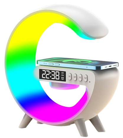 G Shape Table Lamp, Bluetooth Wireless Speaker Lamp, Atmosphere Night Light with Wireless Charger, Bedside Lamp with Alarm Clock & RGB Night Light, Bedroom Bedside Lamp, Gifts for Friends (White)