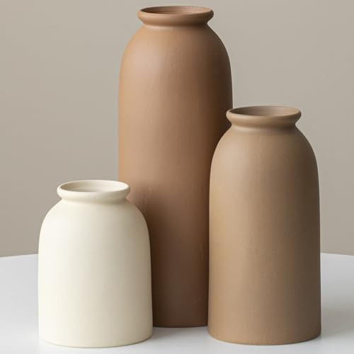 25 cm, Keramik Vasen Set 3er, Kleine Blumenvasen für Dekor, Orange, Gelb, Weiß (XL Kaffee-Mischung)