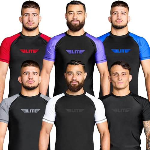 Elite Sports 2022 Jiu Jitsu BJJ Rash Guards, Men's BJJ, No GI, MMA Ranked Short Sleeve Compression Base Layer Rash Guard Black