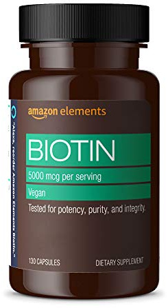 Amazon Elements Vegan Biotin 5000 mcg for Hair, Skin, and Nails, 130 Capsules, 4 Month Supply (Packaging may vary)