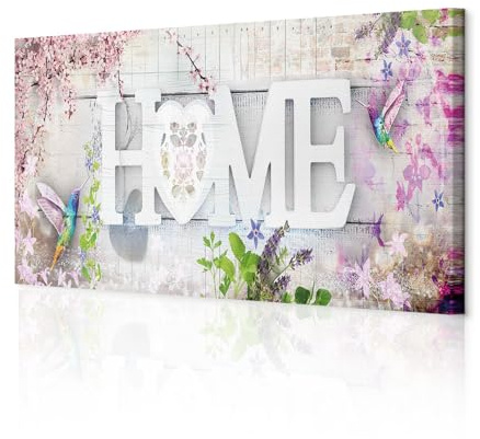 decomonkey Bilder Home Blumen Vogel 120x40 cm 1 Teilig Leinwandbilder Haus | Strukturleinwand, Holzkeilrahmen, Bild auf Leinwand, Wandbild, Kunstdruck, Wanddeko, Wohnzimmer, Wanddekoration