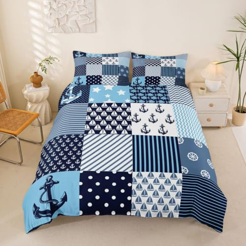 Feelyou Bettwäsche-Set mit nautischem Motiv, Patchwork-Bettwäsche-Set, Anker, Kompass, Segelschiff, Druck, Bettbezug-Set für Kinder, Jungen, Kinderzimmer, Bettbezug, Dekoration, 2-teilig, Doppelgröße