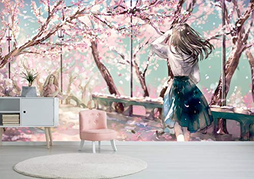 Pink Cherry Blossom Garden Girl Anime Fototapete Tapete 3D Photo Wallpaper Mural 250x175cm(98.4x69 inch) WxH