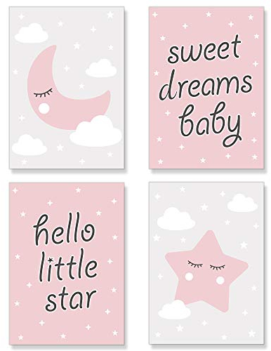 PREMYO Bilder Kinderzimmer Deko Mädchen - Poster Set Babyzimmer - Wandbilder Schlafzimmer Mond Stern Wolken Rosa DIN A4