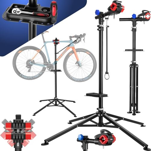 TecTake® Support Velo Pieds d'atelier Support Vélo, Montage Entretien Reparation VTT Vélo electrique Velo de course, Charge max. 25kg Réglable Pliable - 85 cm x 85 cm x 200 cm