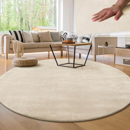 Paco Home Moderner Kuscheliger Wohnzimmer Teppich Kurzflor waschbar flauschig Weich Einfarbig Felloptik zeitlos stilvoll rutschfest pflegeleicht, Grösse:120 cm Rund, Farbe:Creme