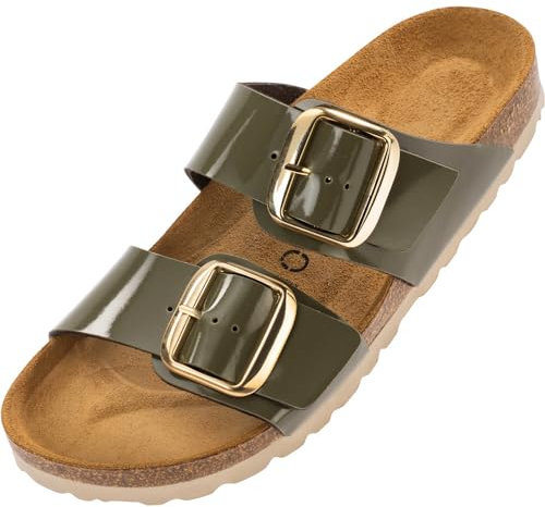 Palado Pantoletten Damen Samos GS - bequeme Sandalen Made in Spain - Hausschuhe mit dämpfendem Kork-Fußbett - modische Sommerschuhe Lack Olive UK9,5 - EU43