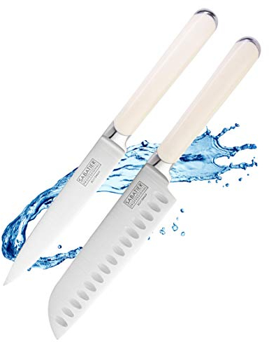 2pc Sabatier Professional Kitchen Knife Set - 5in/12cm Oriental Santoku & 5in/12cm All Purpose Knives. Full Tang Stainless Steel Blade, Cream Handle. Lifetime Performance 25yr Guarantee