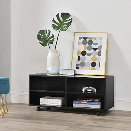 [en.casa] Rollbares Lowboard Gränne 90x35x41cm mobiles Regal TV-Schrank 4 Ablagen Fernsehregal Fernsehtisch Flurtisch Schwarz