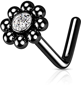 eeddoo® Nsen-Piercing Nostril-Nasenstecker aus Edelstahl Blume mit KUgelrand und Kristall ((4) Schwarz)