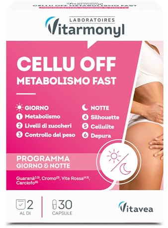 Vitarmonyl Cellu Off - Integratore Alimentare - Con Cromo e Caffeina - Inestetismi Cellulite - Azion Drenante - Silhouette Vite Rossa - Programma Giorno & Notte - 30 Capsule