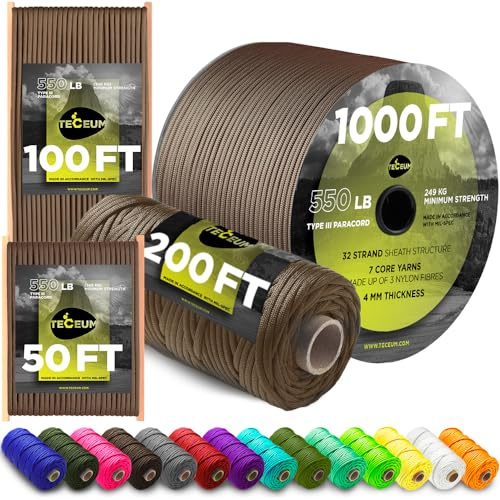 TECEUM Paracord Tipo III 550 Marrone Rame – 30 m– 4mm – Attrezzatura da Campeggio, Outdoor, Escursionismo e Pesca – Corda da Paracadute EDC – Corda di Sopravvivenza Resistente(100ft) 015