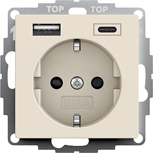 Voltking Gira 245901 SchukoSteckdose USB-Anschluss Shutter Berührungsschutz 2-fach Typ A(max.2, 4A) C(max.3A) System 55 Cremeweiß UP Unterputz Schutzkontaktsteckdose Smartphone Tablet 32mm