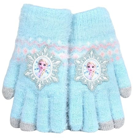 FEIFEI'S BOW Elsa Vollfinger-Handschuhe für den Winter, gestrickt, warm, weich gefüttert, Fleece, Thermo-Handschuhe für Kinder, Jungen, Mädchen, Blaue Elsa