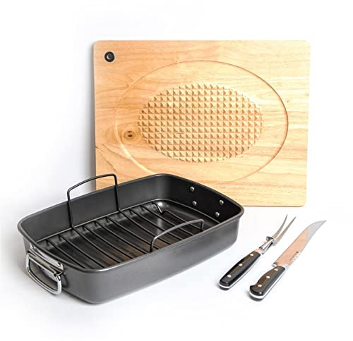 MasterClass Roasting Pan with Rack, Two Piece Carving Set and Carving Board