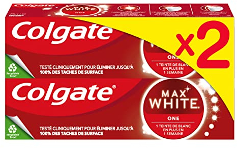 COLGATE - Max White One Zahnpasta für Weißheit – Klinisch getestet, um bis zu 100% der Oberflächenflecken zu entfernen – 2 x 75 ml