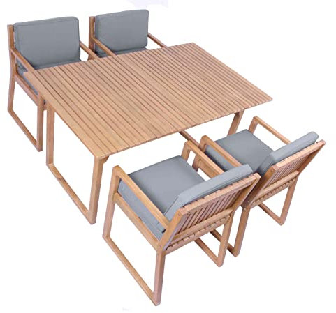 vanvilla Gartenmöbel Set Holz Sitzgruppe Gartenmöbelset Garnitur Terrasse Möbel Sitzgarnitur 1 Tisch 4 Sessel Auflage HELLGRAU