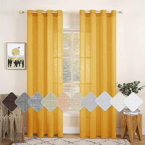 MIULEE 2er Set Voile Vorhang Sheer Leinenvorhang mit Ösen Transparente Leinen Optik Gardine Ösenschal Wohnzimmer Fensterschal Lichtdurchlässig Dekoschal Schlafzimmer 140x160cm (B x H) Leuchtendes Gelb