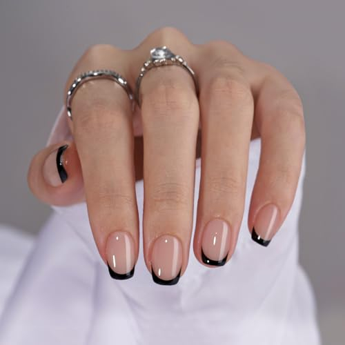 BTArtbox Press On Nails French Tips - 30Pcs Short Square False Nails With Nail Glue and Adhesive Nail Tabs, No Fade Out Stick On Nails in 15 Sizes, Fake Nail for Women, Classic Black