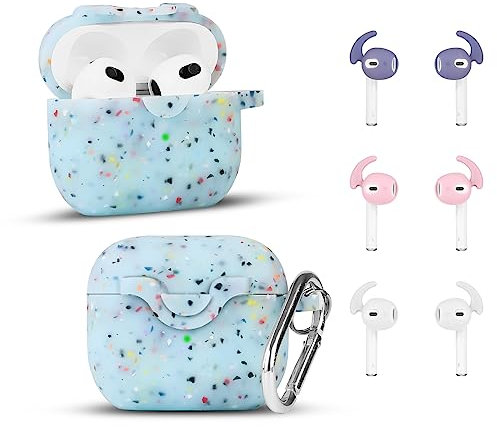 XMBYGY Case for Airpods 3rd Generation(2022) with Secure Lock, Keychain and 3 Pairs Ear Hooks Covers, Silicone Case Full-Body Shockproof Protective Cover for Airpods 3 Earbuds (Glow Blue)