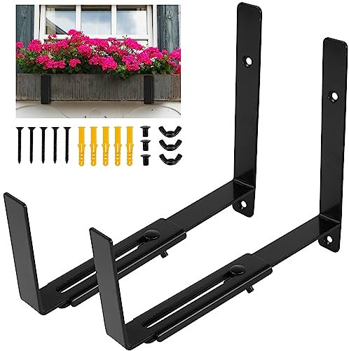 Foribyw Flower Window Box Bracket Adjustable Carbon Steel Planter Box Holder Wall Mounted Shelving Supports Sturdy Railing Flower Pot Bracket for 15-33cm Deep Planter Box