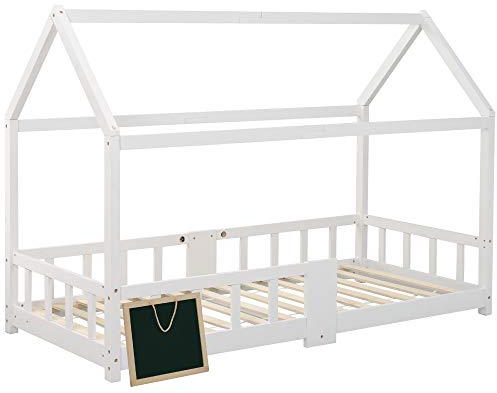 Merax Hausbett Kinderbett 200 x 90 cm mit Rausfallschutz und Lattenrost, Vielseitiges Holz Baumhausbett für Jungen & Mädchen - Kinder Haus Bett aus Kiefernholz Jugendbett Massivholz, Weiß