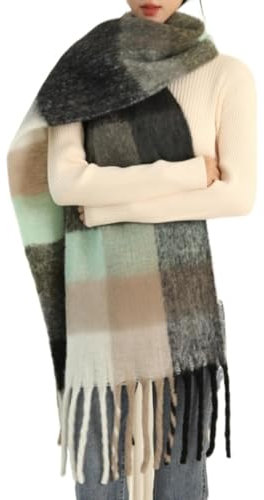 MININAI Dicker Winterschal für Damen, kaltes Wetter, warm, gestrickt, dick, kariert, lang, groß, übergroß, kariert, Schwarz, Einheitsgröße