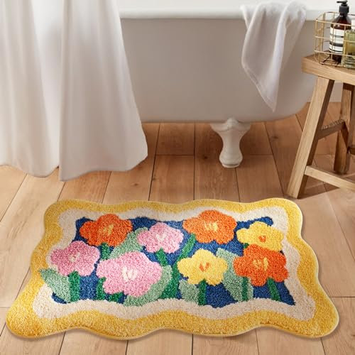 Aldopein Farbenfroher süßer Blumenteppich, lebendiger, flauschiger, zotteliger Boho-Stil, Badezimmerteppich, Küchenteppich, Matte, gelb/orange/rosa, rutschfest, waschbar, 5 x 7,6 cm, kleiner