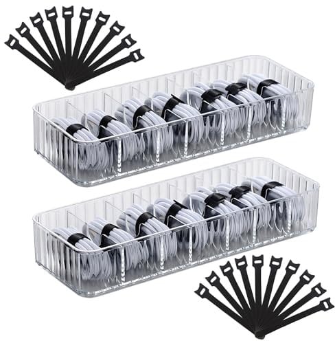 RAMFIYN 2 Pack Clear Charger Organizer, Clear Charging Cord Organizer Box with 20 Pcs Cable Ties 6 Compartment