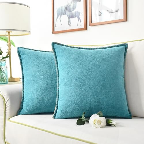 CaliTime Throw Pillow Cases Pack of 2 Linen Thread Stitching Edges Ultra Soft Faux Cashmere Chenille Decorative Cushion Covers Shells for Couch Sofa Home Farmhouse 45cm x 45cm Teal Blue