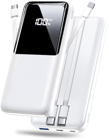 Batterie Externe 20000mAh, Power Bank avec 3 Ports et 2 Câbles Intégrés, Powerbank de Chargement Rapide USB C Chargeur Portable Compatible avec iPhone 16 15 14 13 Android et Plus, Blanc