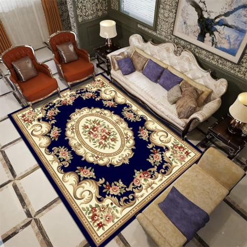 QGYFRE Großer Teppich Kinder Zimmer Babyzimmer Junge 300x400CM fußmatte schmal blau Vintage Blumenmuster Wohnzimmer dekorativer