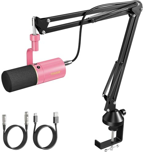 TONOR Microfono Dinamico per podcasting con supporto per braccio, streaming e giochi microphone a Condensatore, USB/XLR, 3.5mm jack, Pulsante Mute, per regisrazione, youtube, gaming, ASMR, TD510+