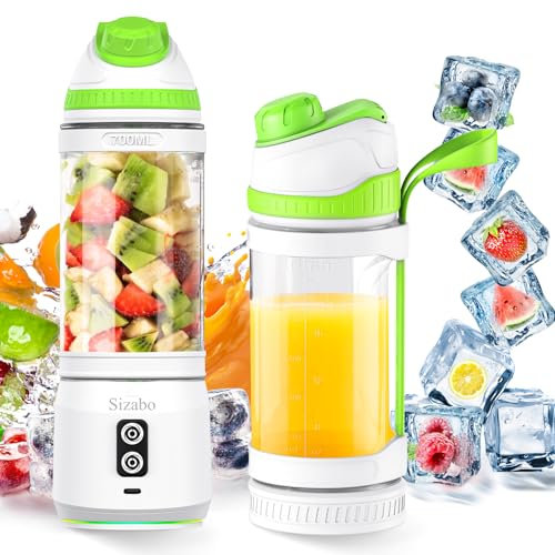 Sizabo Portable Personal Size High Speed Blender, 24 oz USB C Rechargeable, 2000 mAh*3 Mini Fruit Juice Mixer for Travel/Picnic/Office/Gym/Sport (White-Green)