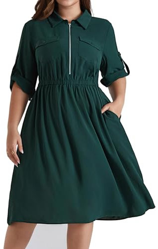 Hanna Nikole Women's Plus Size V-Neck Lapel A-Line Midi Dresses Adjustable 3/4 Sleeve Summer Dresses Elastic Waist Casual Dresses with Pockets Dark Green 20