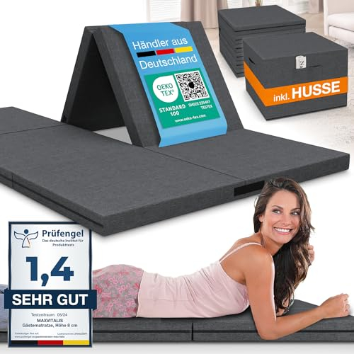 ELONEO maxVitalis Klappmatratze 160x200 cm mit Husse, 8 cm hoch, Gästematratze klappbar, Faltmatratze, Faltbare Matratze, Bandscheibenwürfel, Reisematratze, Gästebett klappbar, Klappbett waschbar