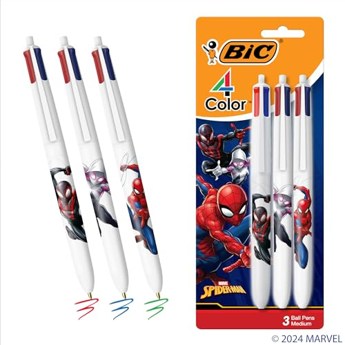 BIC Marvel, penna a sfera retrattile, 4 colori, con motivo Spider-Man, punta media, multiuso, inchiostro abbinato