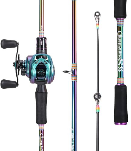 Sougayilang Baitcasting Angel Combo, 2-teilig, Bunte leichte tragbare Angelrute mit superglattem Baitcast-Angelrolle für Süß- und Salzwasser-1.8-L