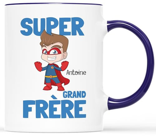 𝗖𝗔𝗗𝗘𝗔𝗨 𝗣𝗟𝗨𝗦 Mug Personnalisé Prénom - Mug Super Grand Frère - Cadeau Frère Et Soeur, Cadeau Pour Son Frère, Cadeau Frère, Mug Frère, Tasse Frere, Tasse Personnalisé Frère (Marine)