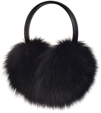 Harssidanzar Echte Fuchs Pelz Ohrenschützer mit verstellbarem Band, pelzige flauschige Ohrenwärmer Outdoor-Ohrschützer für kaltes Wetter HL307EU,Schwarz
