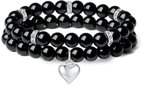 AWARDSEN Herz Edelstein Armband Damen, Schwarz Kristall 8mm Edelstein Schmuck, Obsidian Heilsteine Armband, Partnerarmbänder Geschenk für Frauen (2 PCS)