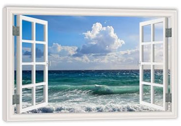 Quadro Finestra Mare Spiaggia,Onde del manifesto dell'oceano di vista sul mare,Poster paesaggio,Stampa su Tela con Telaio in Legno Arredamento Arte Arredo Moderno60x40cm(24x16in)Cornice interna