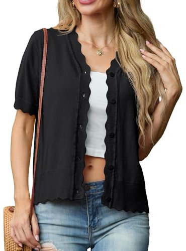GRECERELLE Womens Summer Cardigan Lightweight Button Down Short Sleeve Cardigans Ladies Knit V-Neck Scalloped Shrugs Cardigans (Black, M)