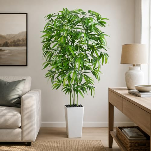 Artificial Bamboo Plants 5FT, Faux Tree Indoor with White Tall Planter