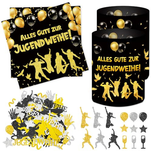 20 Stück Servietten Jugendweihe + 12 Stück Windlicht + 120 Konfetti, Jugendweihe Deko Mädchen Junge, Jugendweihe Tischdeko Schwarz Gold Party Deko Geschenke Gastgeschenk, Servietten 33x33cm