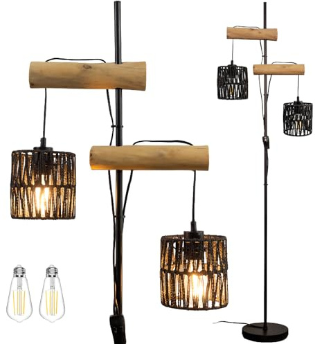 Osasy Vintage Stehlampe Industrial, 2-flammig mit Naturholz-Elementen, E27 Fassung, Metall-Gitterlampen, Schwarz (Papierschirme boho aus Schwarz)