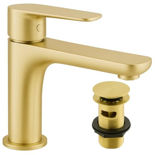 Go Bathrooms Basin Mixer Tap Gold Single Lever Click Waste | Brushed gold bathroom basin mono tap with single lever swivel handle. Includes click-clack waste.